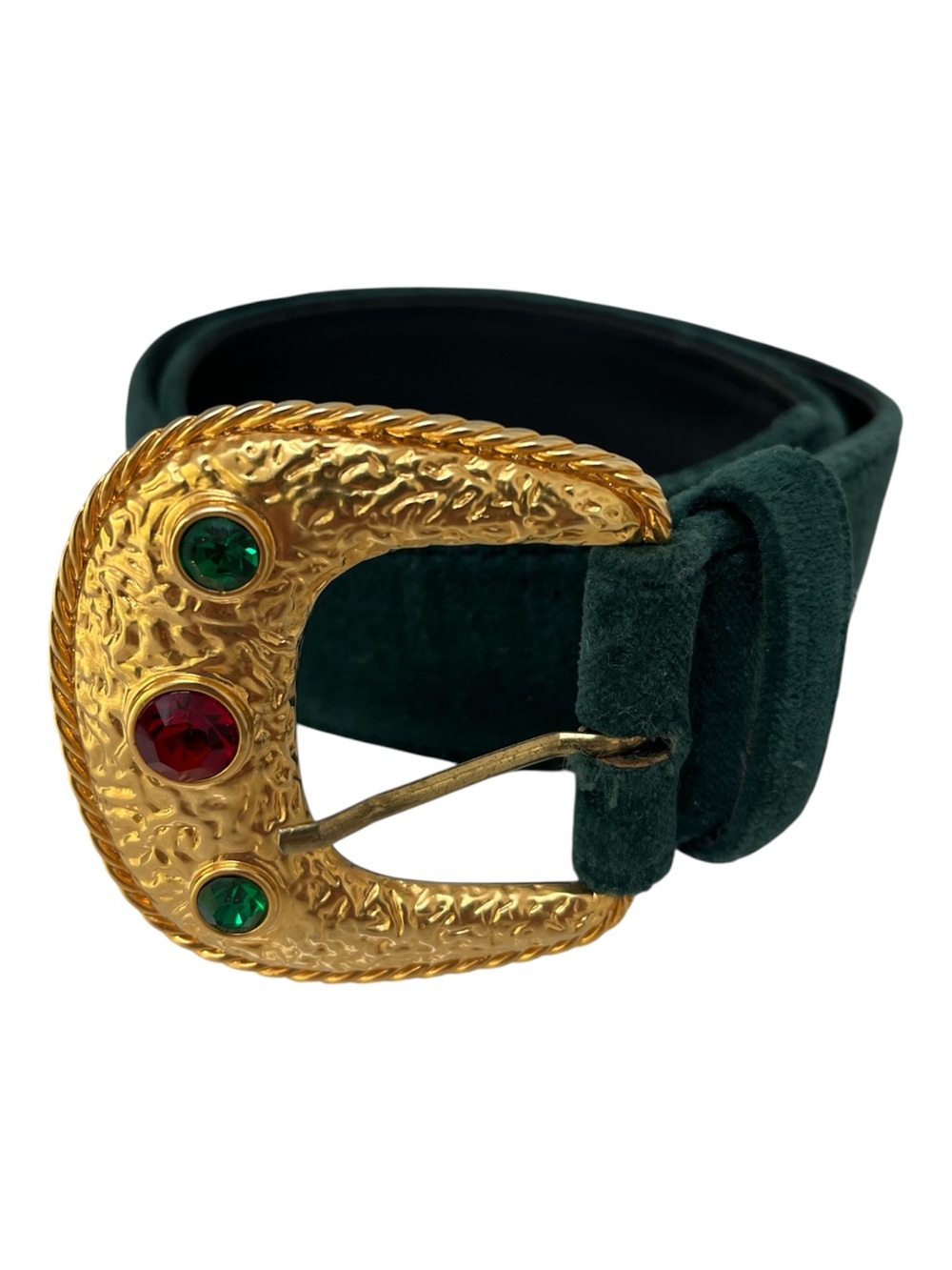 Omega Vintage Green Velvet Belt with Gold Jeweled Buckle Red Green